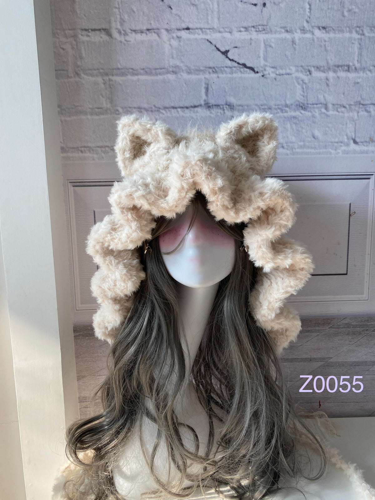 handmade crochet coquette fairycore cat ear hood in soft cream fluffy texture with pointed ears and white satin ribbon ties. Sweet winter headwear for cosplay, photoshoot prop and gift idea