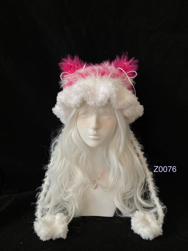 handmade crochet coquette kawaii cat ear hat in pink and white fluffy contrast with pointed ears and white pompom ties. Sweet winter headwear for cosplay, photoshoot prop and romantic gift giving