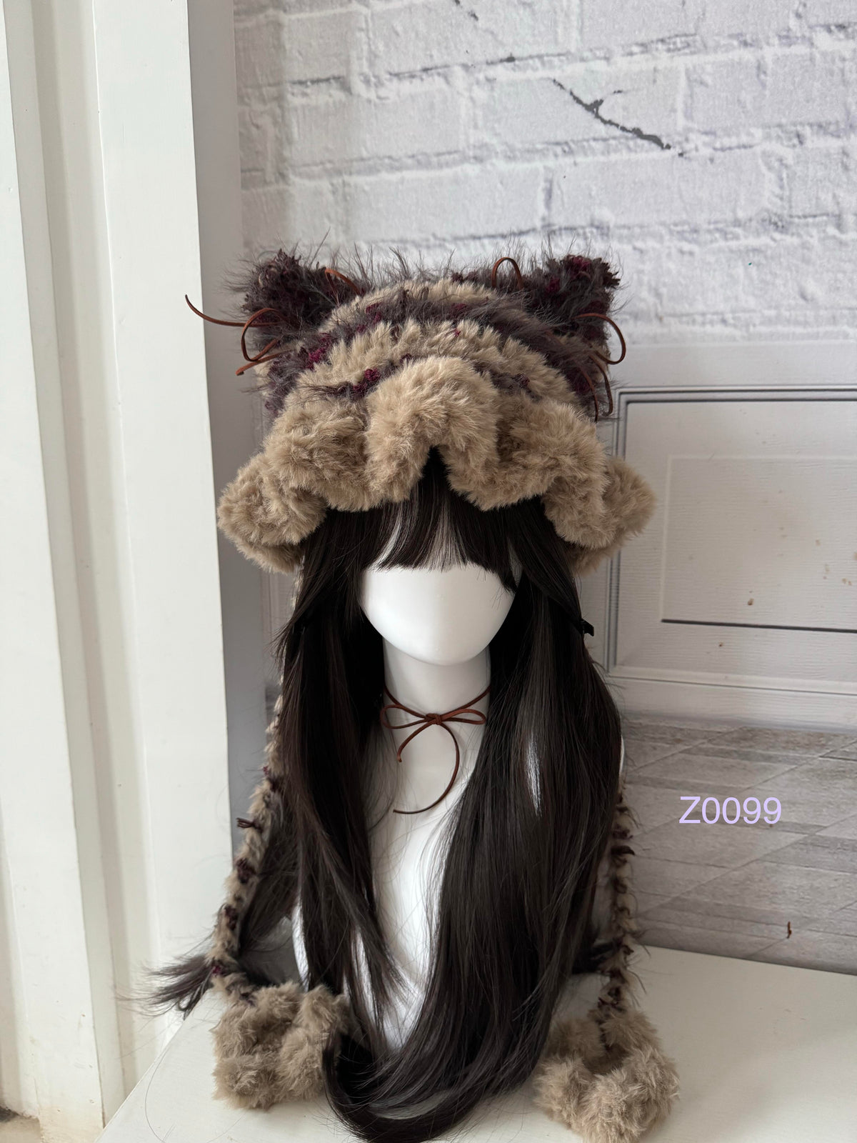 handmade crochet woodland goblincore cat ear hat in brown and purple floral fluffy texture with pointed ears and plush pompom ties. Cottagecore headwear for cosplay, festival and photoshoot styling