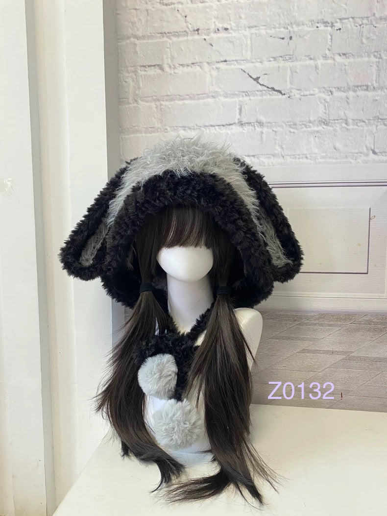 handmade crochet goth monochrome bunny ear hood with black and gray fluffy contrast, long floppy ears and soft pompom ties. Dark fairy cosplay headwear for rave party and winter photoshoots