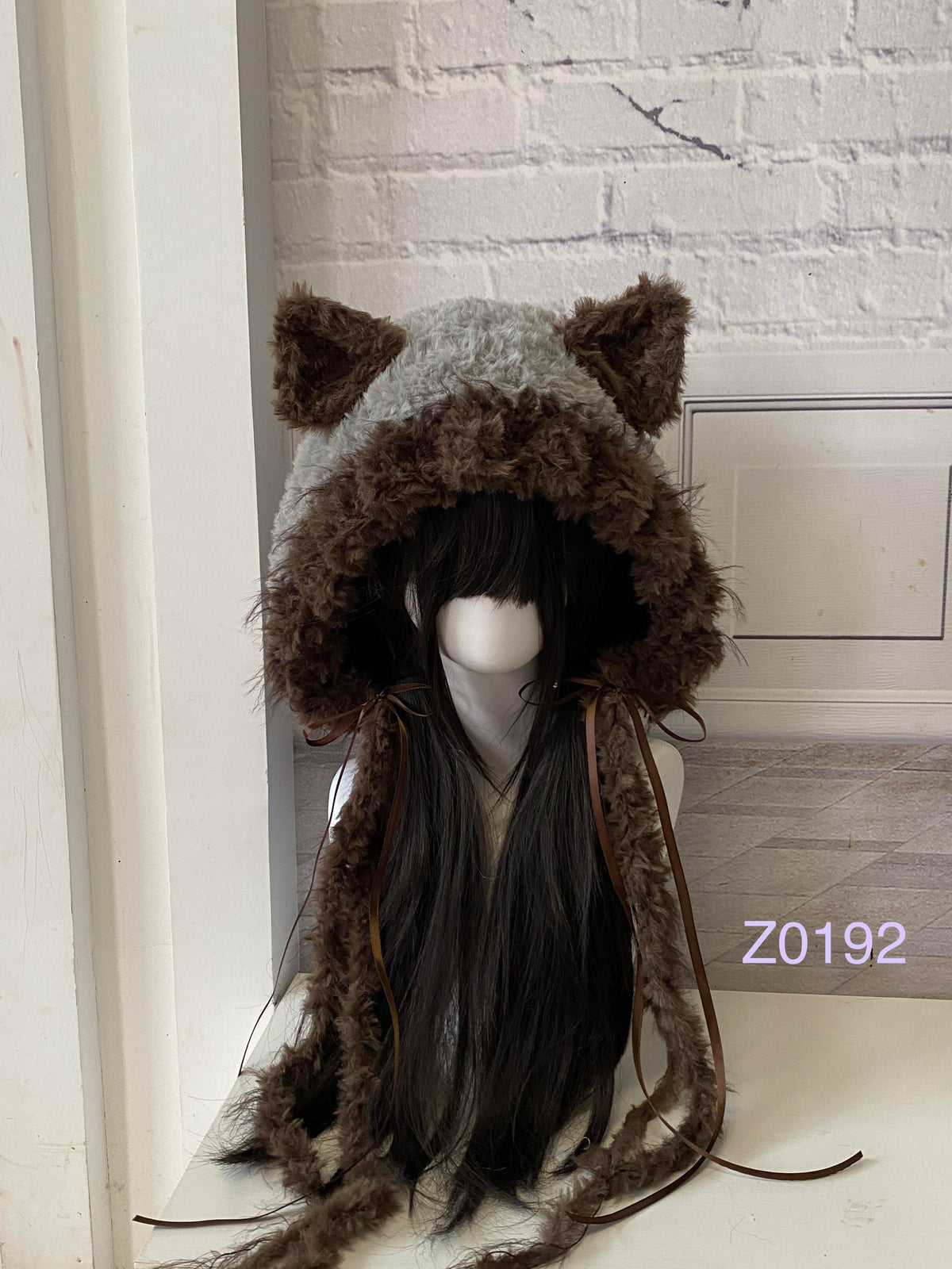 handmade crochet woodland cottagecore cat ear hood with gray and brown fluffy contrast, brown satin ribbons and soft fur trim. Mori girl style headwear for cosplay, winter festival and photoshoots