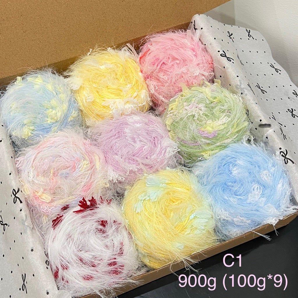 Hand-blended novelty yarn gift set C1, 900g bundle with 9 skeins of pastel mixed fiber yarn for crochet and knitting.