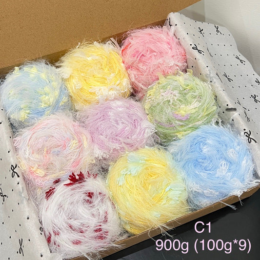 Hand-blended novelty yarn gift set C1, 900g bundle with 9 skeins of pastel mixed fiber yarn for crochet and knitting.