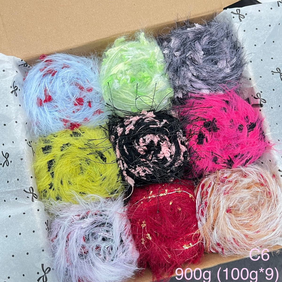 Hand-blended novelty yarn gift set C6, 900g bundle with 9 skeins of vibrant mixed fiber yarn for crochet and knitting.