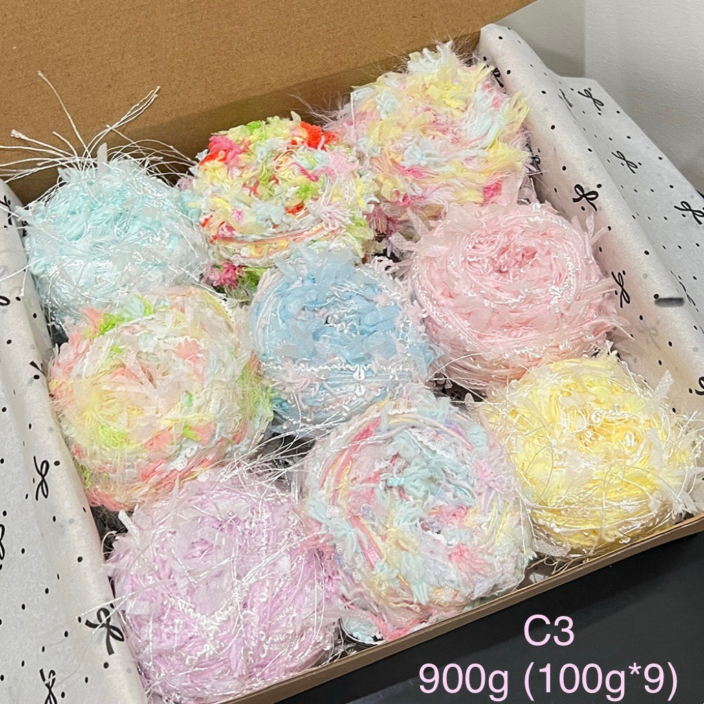 Hand-mixed yarn set C3, 900g bundle with 9 skeins of pastel textured yarn for crochet, knitting and crafts.
