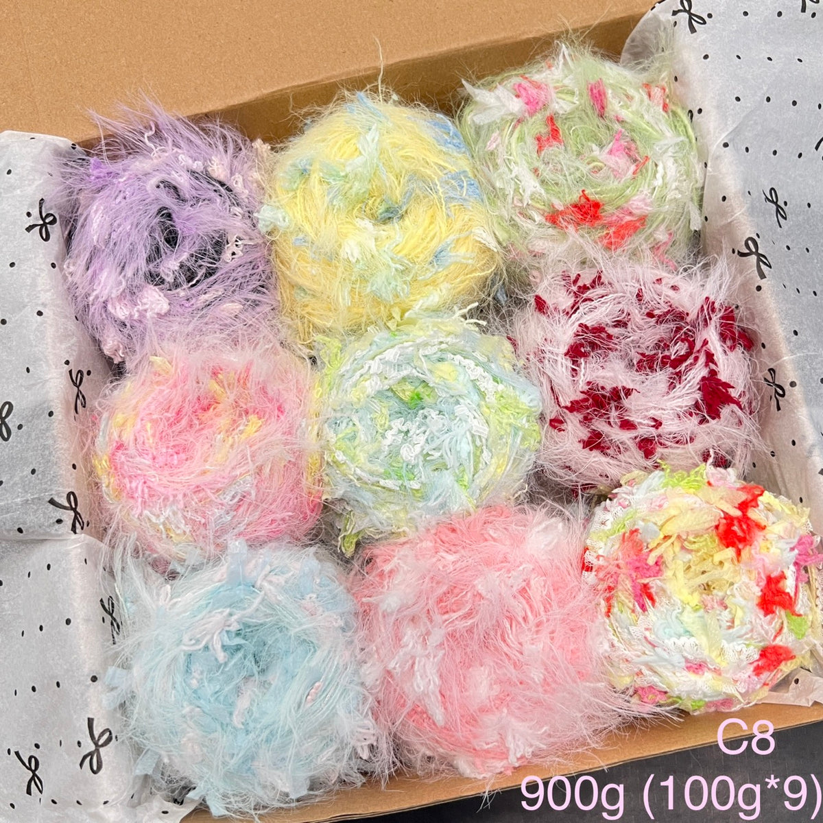 Hand-mixed yarn set C8, 900g bundle with 9 skeins of pastel textured yarn for crochet, knitting and crafts.
