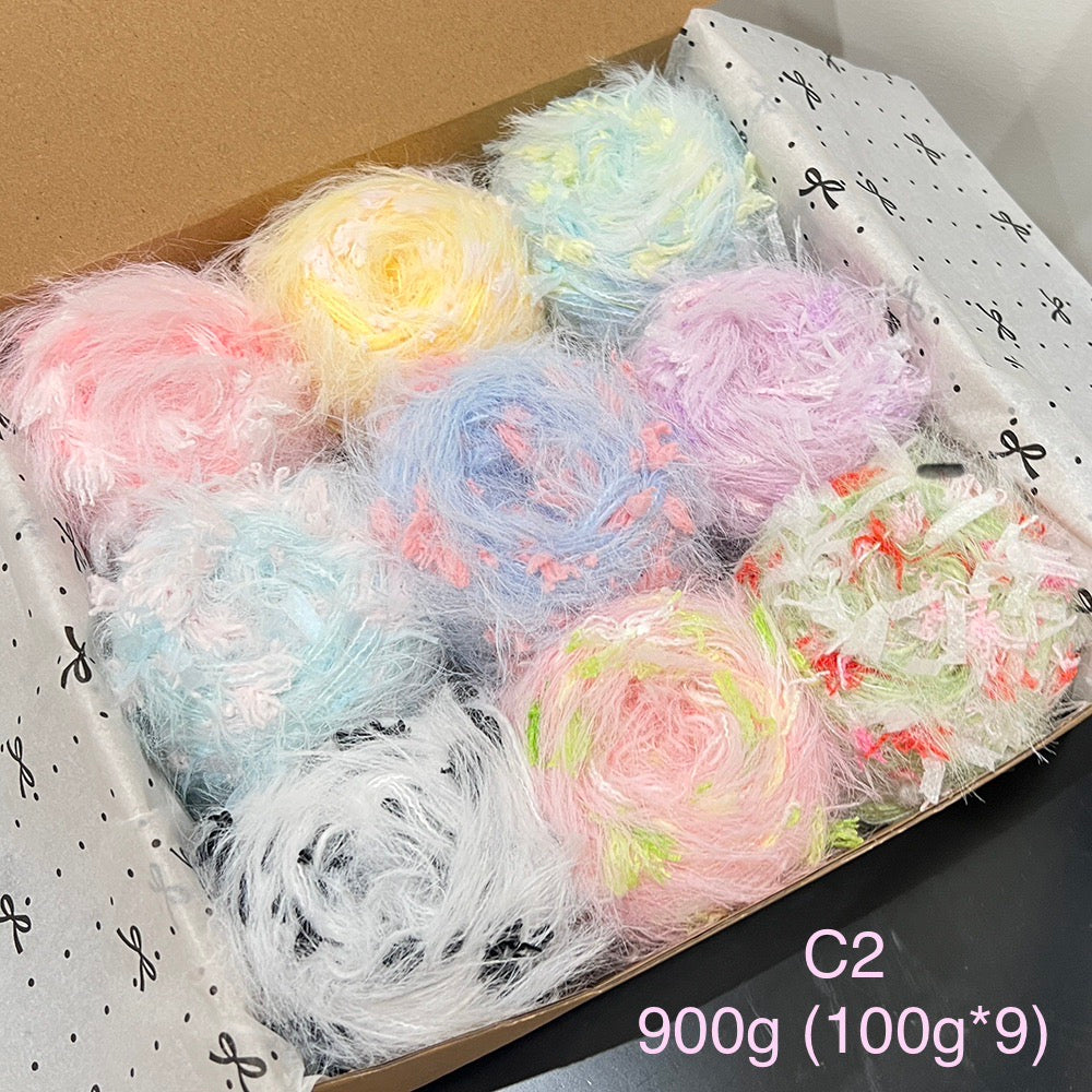  Mixed fiber yarn bundle C2, 900g gift set with 9 skeins of candy tone textured novelty yarn for DIY crafts.