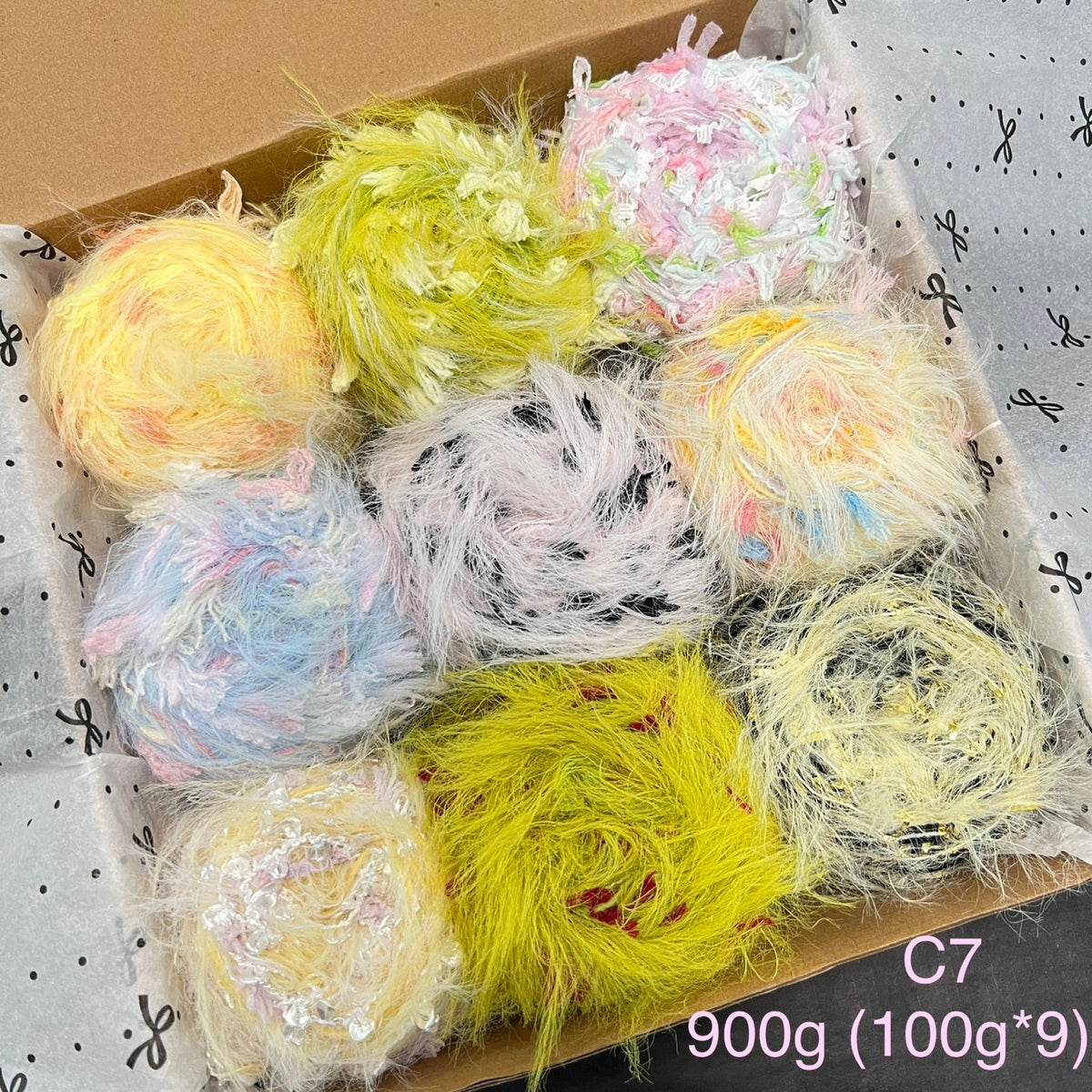 Mixed fiber yarn bundle C7, 900g gift set with 9 skeins of mixed tone textured novelty yarn for DIY crafts.