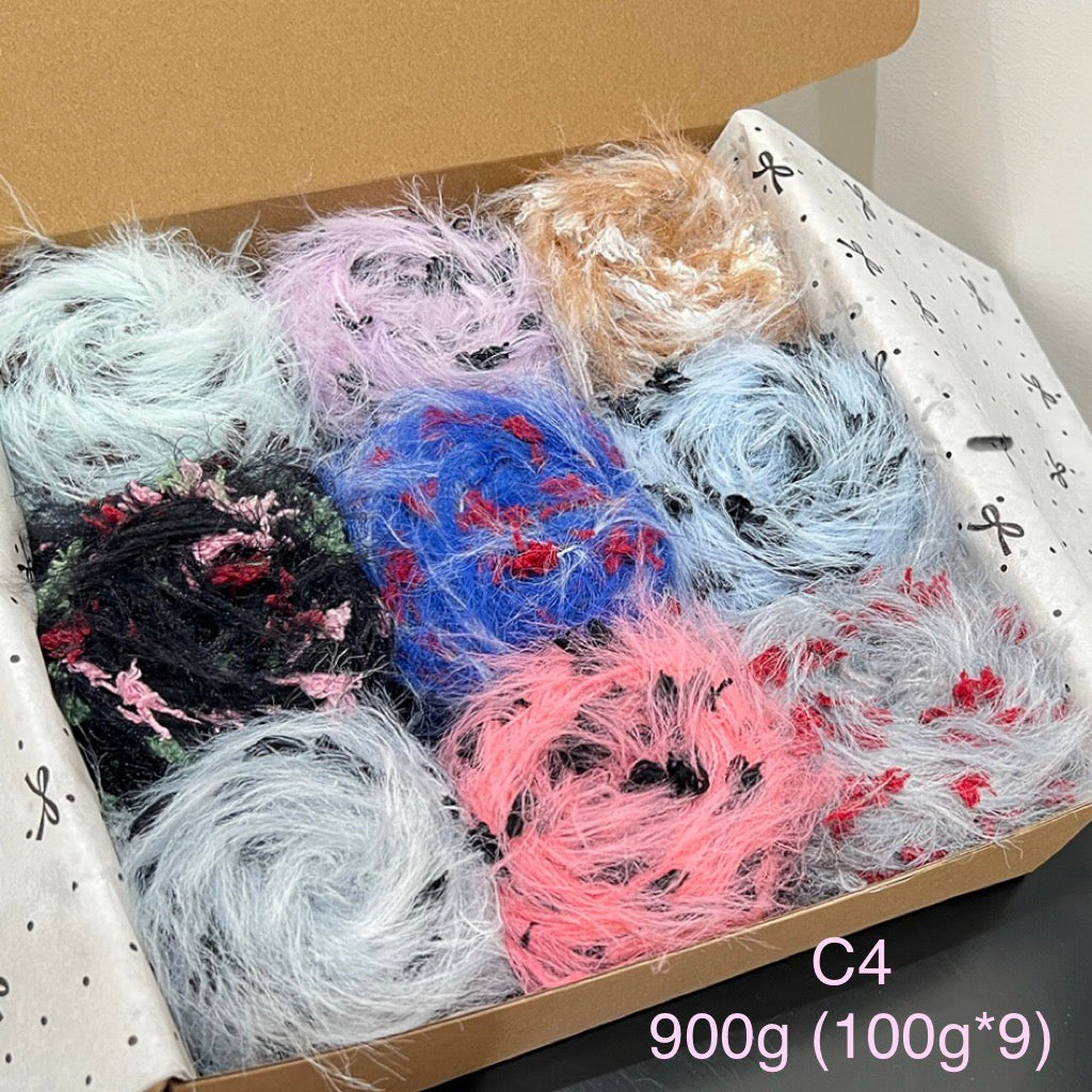 Mixed yarn gift set C4, 900g bundle with 9 skeins of vibrant textured novelty yarn for crochet and knitting.

