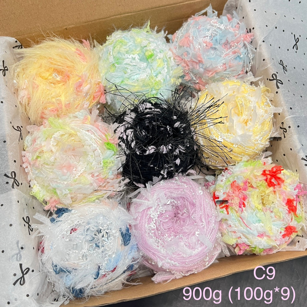 Mixed yarn gift set C9, 900g bundle with 9 skeins of pastel and vibrant textured novelty yarn for crochet and knitting.