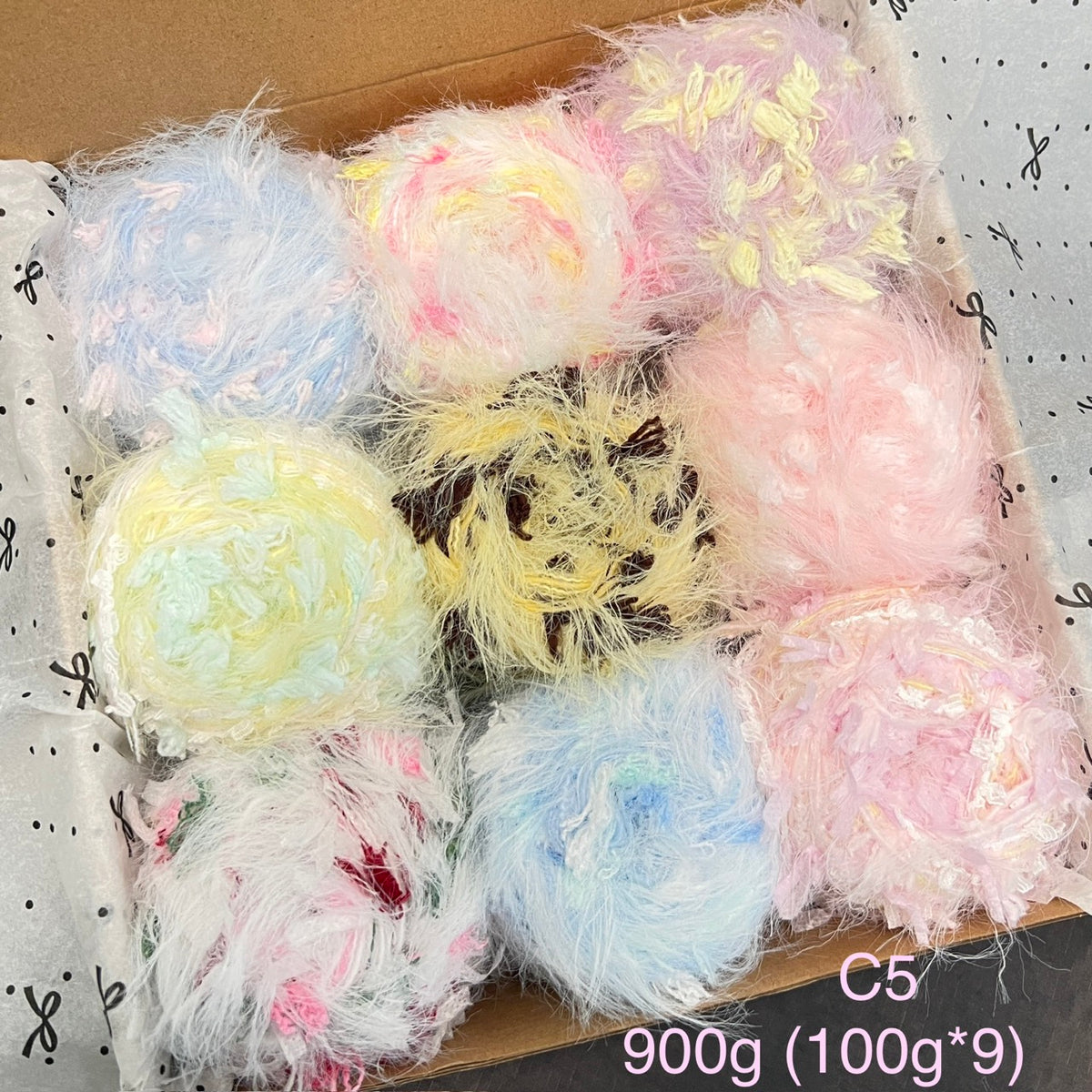 Textured yarn bundle C5, 900g gift set with 9 skeins of pastel mixed fiber yarn for crochet and DIY crafts.